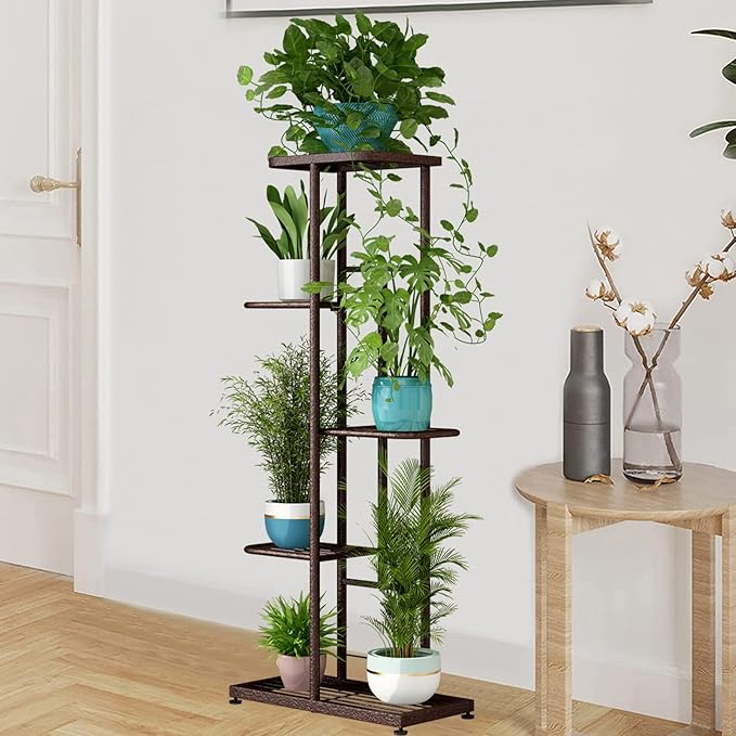LINZINAR Plant Stand Metal 5 Tier 6 Potted Multiple Flower Pot Holder Shelf Indoor Outdoor Planter Display Shelving Unit for Patio Garden Corner Balcony Living Room (5 Tier 6 Potted, Bronze)