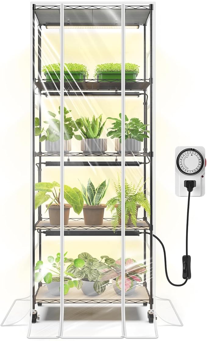 Barrina CX91Z Indoor Greenhouse with Grow Light, 5-Tier Plant Stand with Cover and 1.6FT 25W(Per Light) Full Spectrum Plant Lights, Plant Shelves with Tent for Seed Starting, 23.6x13.8x59IN