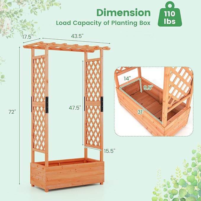 Giantex Raised Garden Bed with Trellis & Hanging Roof, Wood Planter Box with Bottom and Drainage Holes, Freestanding Garden Planter for Flower Vegetable Fruit Herb Climbing Vines, 43.5"x17.5"x72"