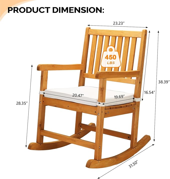 VINGLI Outdoor Rocking Chair, Weatherproof Rocker with Cushion, Wooden Rocking Bench Support 550 LBS for Patio, Yard, Garden, Outdoor or Indoors, Teak
