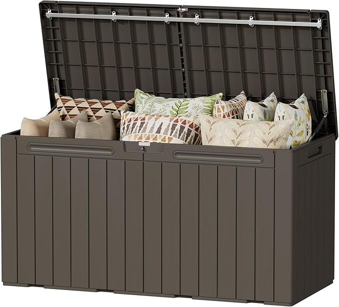 Devoko 100 Gallon Outdoor Storage Box, Waterproof Resin Deck Box for Patio Furniture, Lockable Container for Garden Cushions & Pool Supplies (Brown, 100 Gallon)