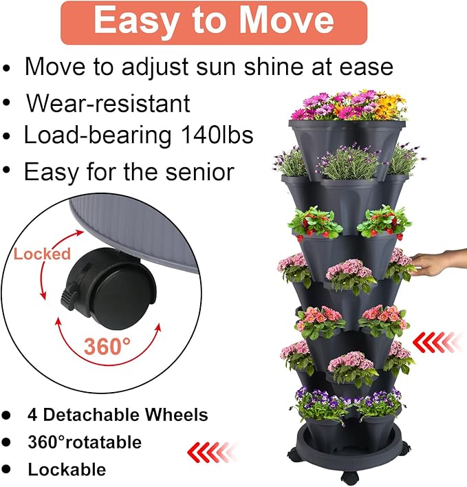 GameXcel Vertical Planter 7 Tier Stackable Planters Garden Planters Strawberry Herb Flower and Vegetable Planter Indoor Outdoor Gardening Pots with Removable Wheels and Tools - Dark Gray