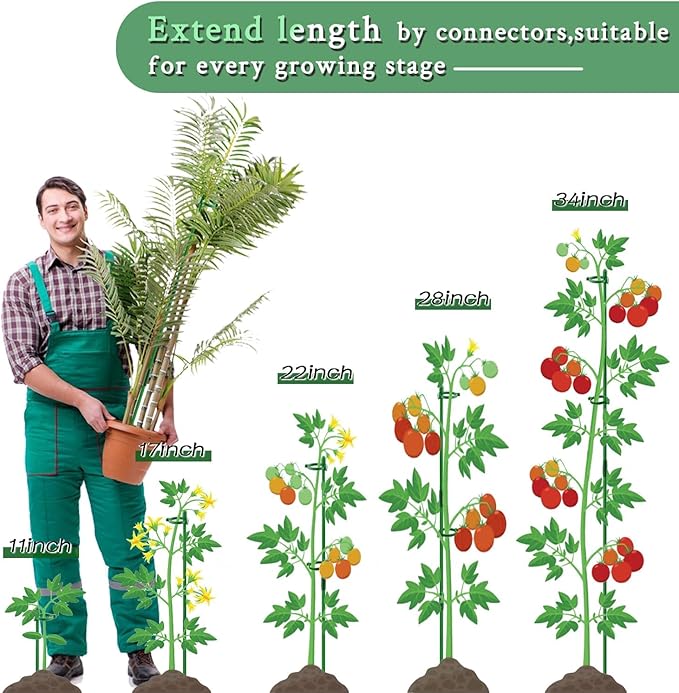 Plant Stakes 17inch &11inch SupKing Adjustable Length Plant Support Stake 16Pcs Orchid Stick with Clips for Indoor Outdoor,Garden Pole for Potted Tomato Amaryllis Vegetables Comes with 20 Ties (Green)