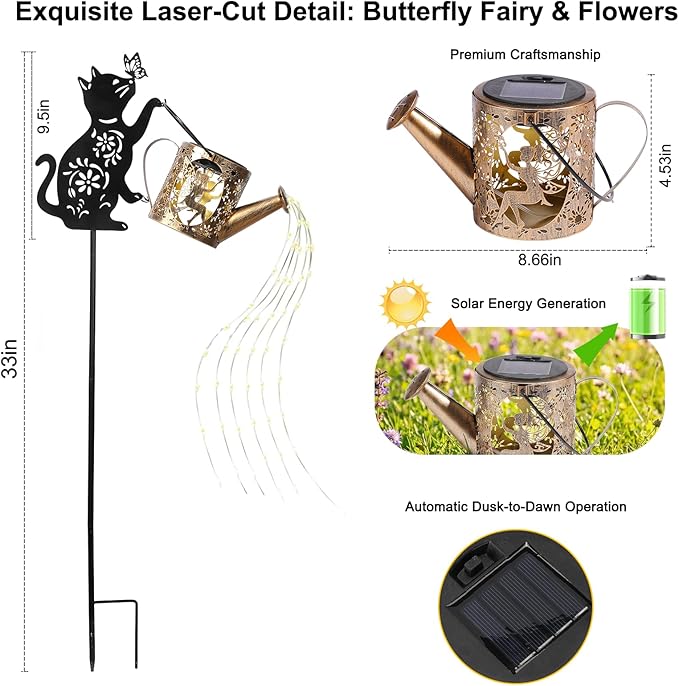 Solar Watering Can Lights with Fairy & Flowers, Outdoor Garden Decor with Cascading String Lights, Waterproof Solar Powered Hanging Lantern for Patio Yard Pathway, Gift for Mom Cat Lovers Gardeners