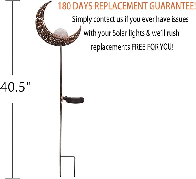 Solar Garden Light Outdoor Decorative, Moon Decor Crackle Glass Globe Garden Stake Metal Lights，Waterproof Warm White LED for Pathway, Lawn, Patio, Yard Ornaments for Outside
