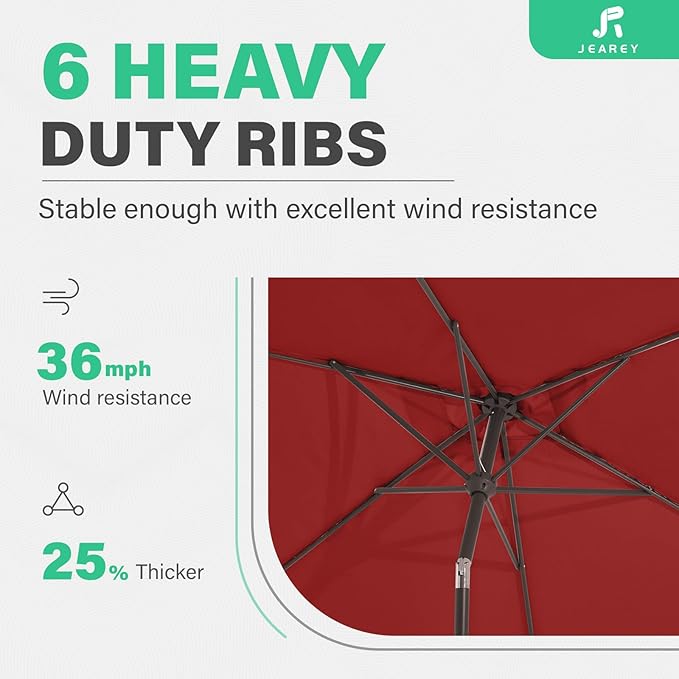 JEAREY 6.5x10 ft Rectangular Patio Umbrellas Rectangle Outdoor Umbrella with Push Button Tilt and Crank, Market Table Umbrella 6 Sturdy Ribs UV Protection for Poolside Garden Backyard Deck, Red