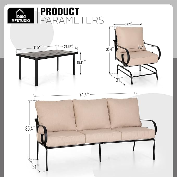 MFSTUDIO 5 Seats Large Metal Patio Conversation Sets, 4 Pieces Outdoor Patio Furniture Sofa with 2 Motion Chairs, 1 3-seat Sofa and Table for Outside Balcony Backyard Poolside