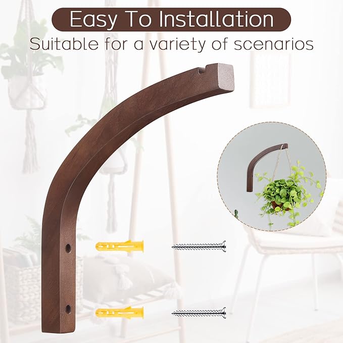 Juexica 4 Pcs Plant Hanger Wooden, 8 Inch Hanging Plant Hooks for Indoors and Outdoor, Wall Mounted Hanging Hook Brackets for Planters Lanterns Wind Chimes and Bird Feeders Patio Decor(Coffee Color)