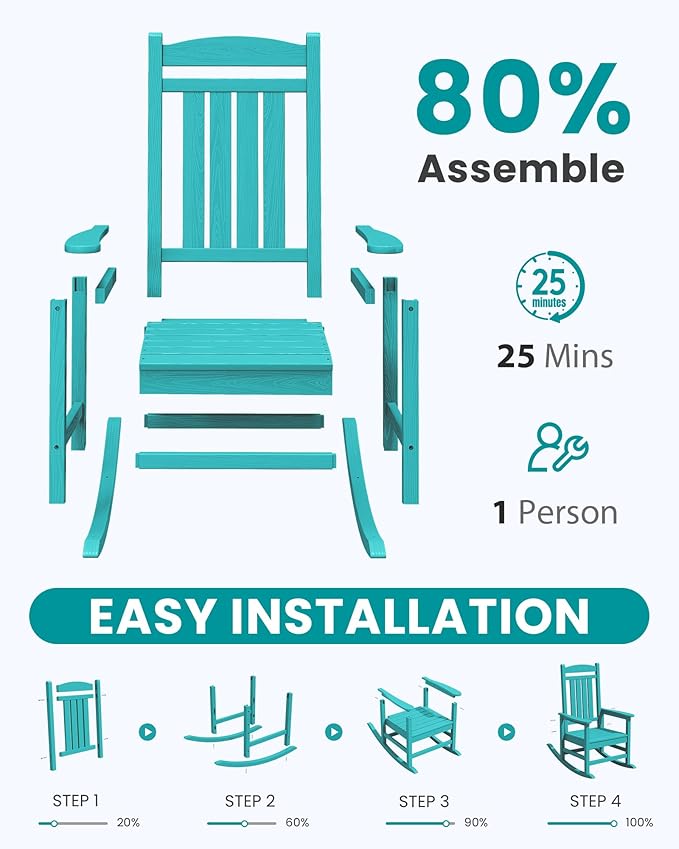 SERWALL Oversized Outdoor Rocking Chair, All-Weather Patio Rocking Chair, HDPE Porch Rocker for Adults, Aruba Blue
