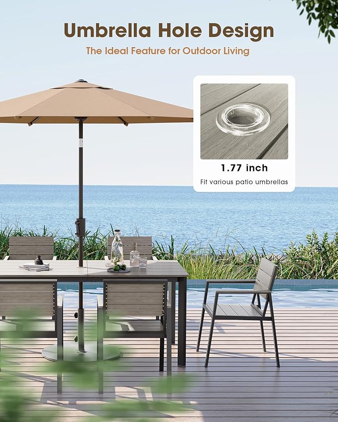 Outdoor Patio Dining Table, HDPS & Aluminum Outdoor Table with Umbrella Hole, All-Weather for Deck, Garden, Lawn, Backyard, Poolside (Classic Gray)