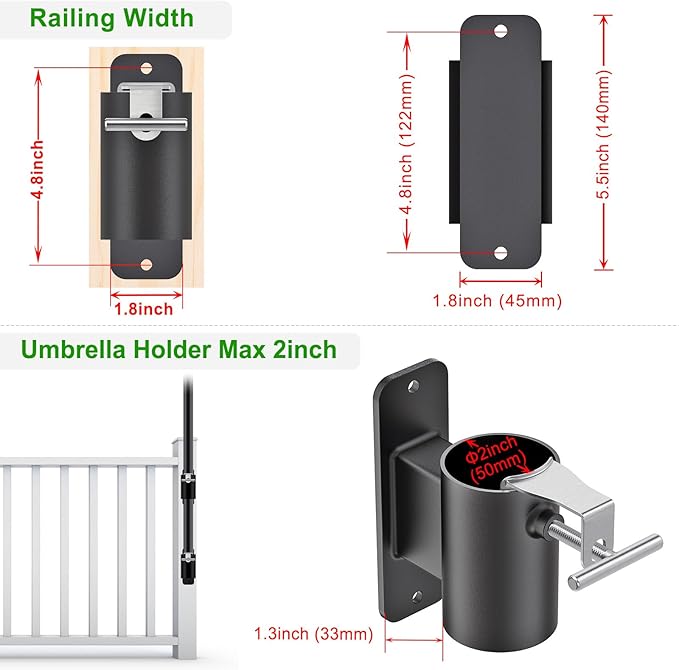Heavy Duty Deck Railing Umbrella Holder, Patio Umbrella Stand for 1-2 Inch Poles, Space-Saving Design, Secure & Sturdy Post Flat Mount for Deck Railing, Balcony, Outdoor Courtyard, Fences