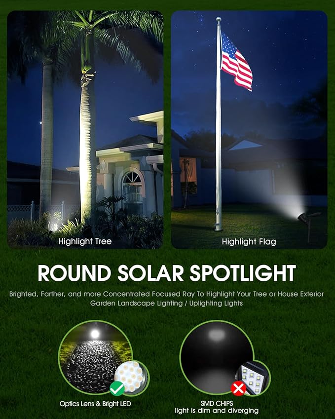 DBF Solar Spot Lights Outdoor Waterproof IP65, Cool White, 600LM High Bright, 2 Brightness Modes, 18 LED, Auto On/Off, Angel Adjustable for Flag Pole Garden Yard Patio Driveway Tree, 2 Pack