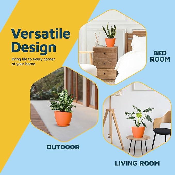 Yellow Plant Pots with Drainage Holes & Saucers 15 Pack, Indoor & Outdoor Stackable Space-Saving Planters for Houseplants & Flowers, (7", 6.7", 6", 5.3", and 4.8" Inches), Durable & Weatherproof