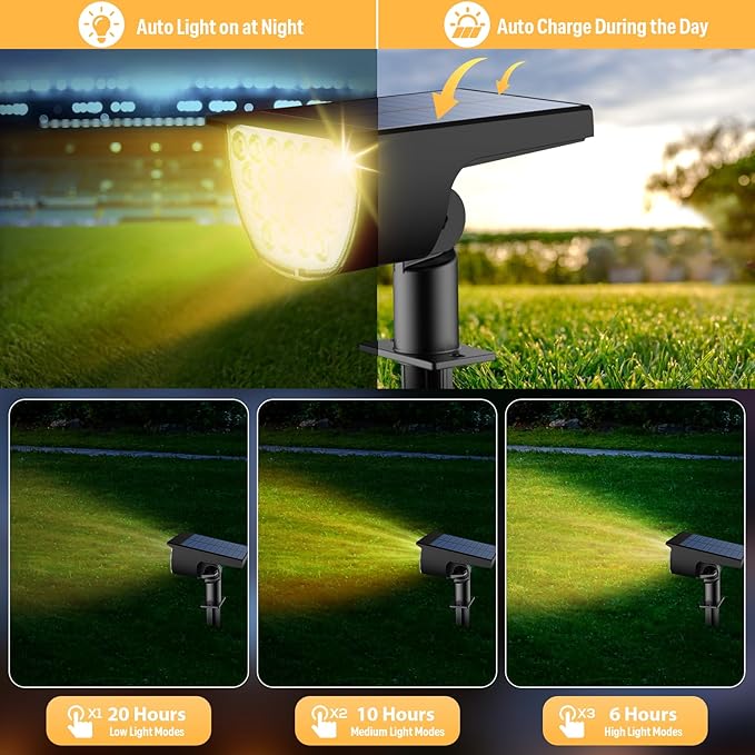 Solar Lights Outdoor Waterproof IP65, Solar Powered 76 LED 3 Lighting Modes Solar Spot Lights Outdoor for Yard Garden Landscape Pathway (Warm White, 6 Pack)