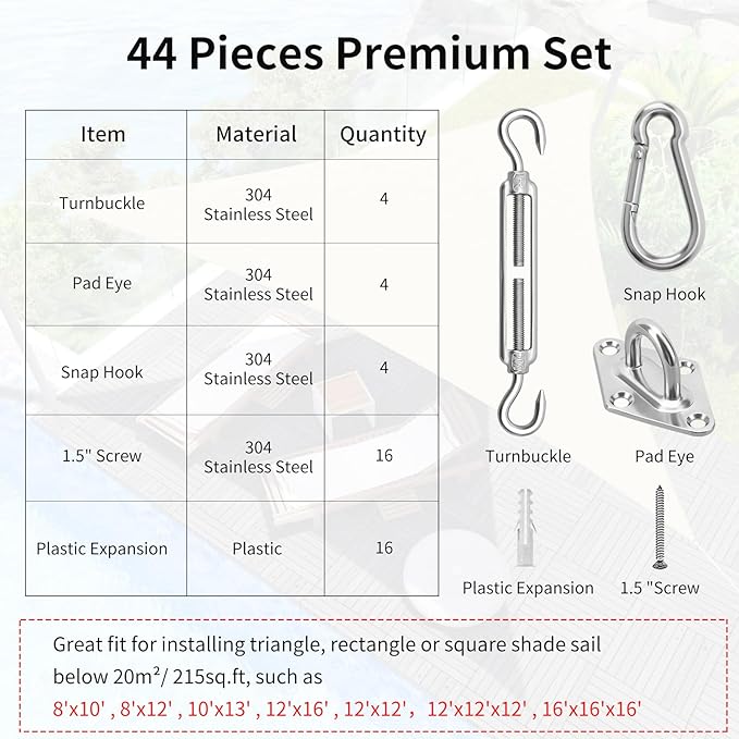 Sun Shade Sail Hardware Kit 6 Inch for Rectangle & Triangle Shade Sail Install, Stainless Steel Shade Sail Fixing Accessories for Outdoor Patio Canopy Garden, Heavy Duty Awning Attachment Set (44 Pcs)