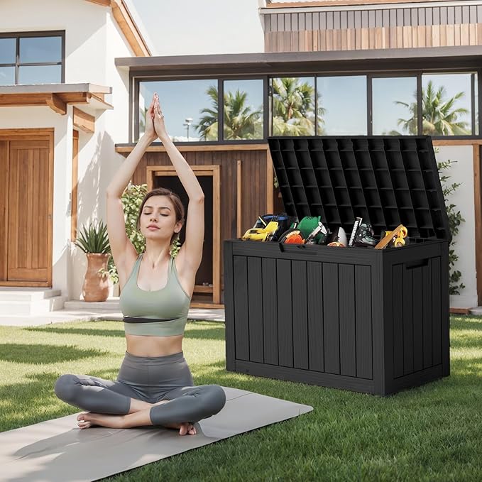 DRATO 45 Gallon Deck Box, Outdoor Storage Box for Patio Furniture, Patio Cushions, Gardening Tools, Pool Supplies 480lbs Weight Capacity,Waterproof Resin Storage Boxes（Black，45 Gallon）
