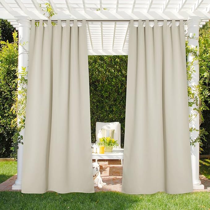 NICETOWN Detachable Sticky Tab Top Outdoor Curtain for Patio Waterproof, Triple Weave Sun Block Wind Prevention Blackout Indoor Outdoor Drapes Keep Sun/Rain Out, Beige, W52 x L108, 1 Piece