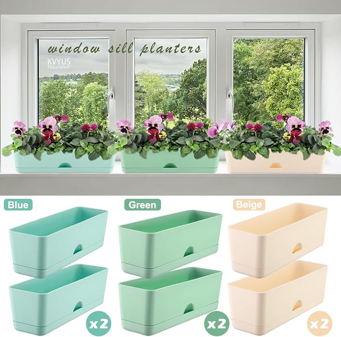 6 Pack Rectangle Planter 16 Inch Window Boxes Planters Rectangular Large Window Sill Planters Indoor Self Watering Plant Pots with Drainage Holes and Saucers Succulent Herb Flower Pots, Macaron Color
