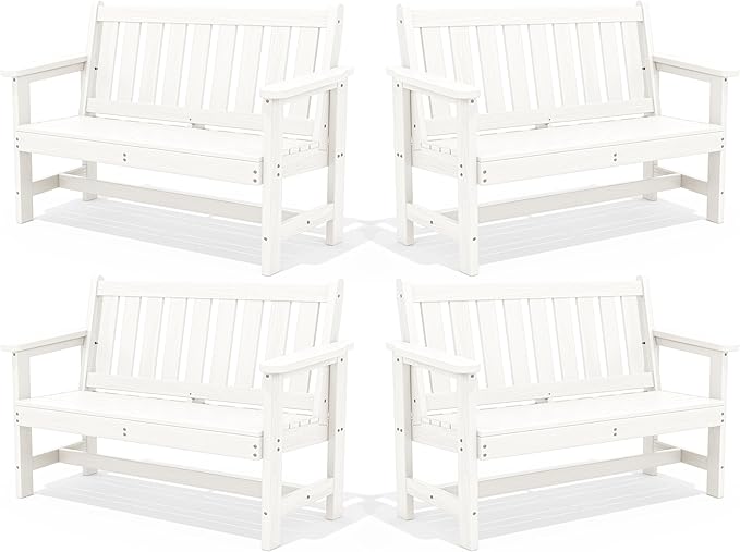 SERWALL Outdoor Bench, HDPE Outdoor Benches Weatherproof, 2-Person Garden Bench with 660 lbs Weight Capacity, Patio Benches for Outdoors, Garden, Porch, Backyard and Park, White, 4 Pack