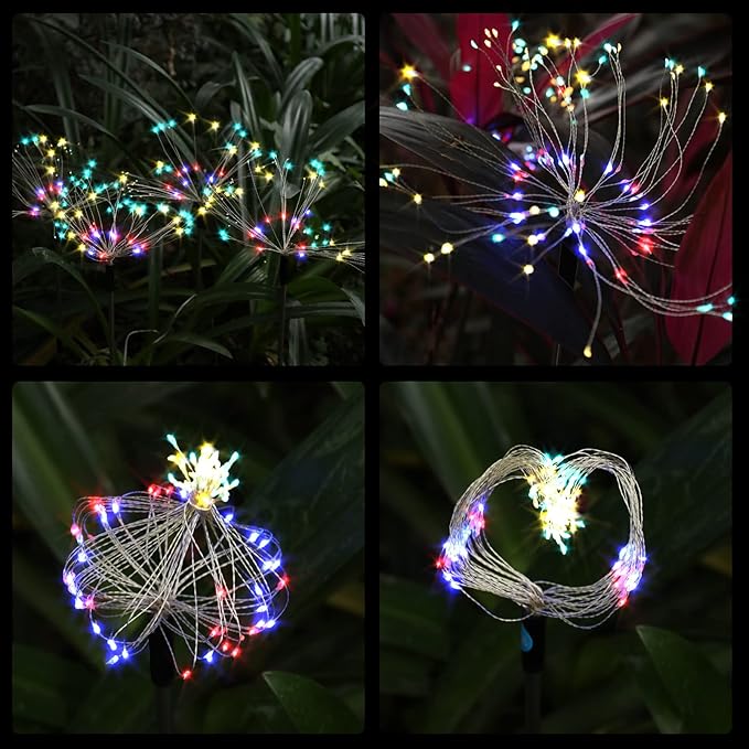 FOOING 4 Pcs Solar Garden Lights Solar Firework Lights Waterproof, 120 LED String Light 2 Modes Twinkling Fairy Nightlight for Garden, Wedding, Party, Patio, Yard, Landscape Decoration (Colorful)