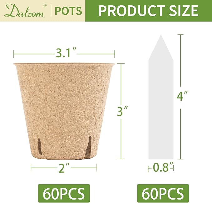 Dalzom® 60Pcs 3.1” Peat Pots with 60Pcs Plant Labels, Biodegradable Pots for Seedlings with Drainage Holes, Garden Plant Nursery Pots Seed Starting Trays