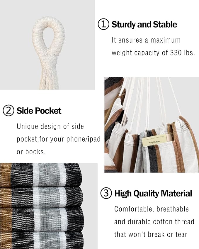 Halalona Hammock Chair Hanging Hammock Chair Rope Swing 2 Cushions Included-Sturdy & Durable Soft Cotton Hand Woven Hammock Swing for Bedroom, Porch, Patio-Indoor/Outdoor