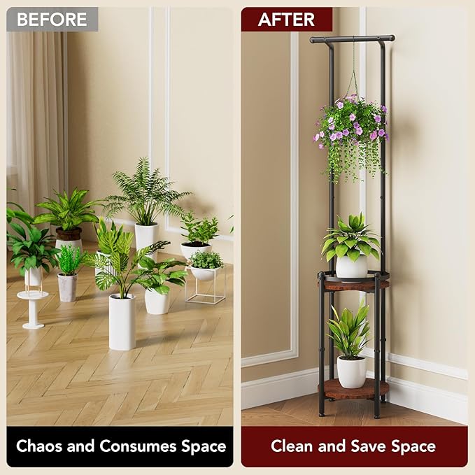 Plant Stand Indoor Outdoor - Heavy Duty Metal 2-tier Hanging Plant Holder Space-Saving Iron Plant Stands Tall Plant Shelf for Living Room Garden Balcony（Rustic Brown and Black）