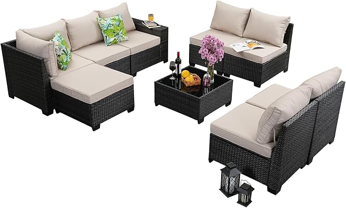 Jing's Villa 9-Piece Patio Furniture Set, All-Weather Outdoor Wicker Sectional Sofa with Cushions, Tempered Glass Table & Ottoman, Rattan Conversation Seating for Porch, Garden, Backyard,Beige