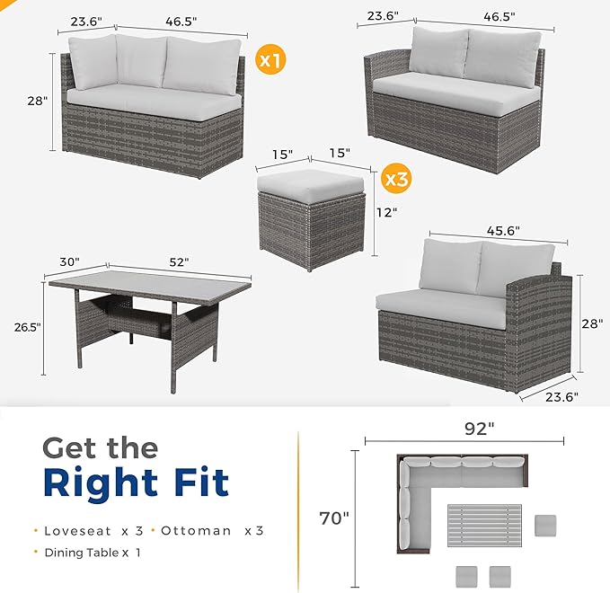 Wisteria Lane 7 Piece Patio Furniture Set, Wicker Patio Sectional with Wide Armrest, All Weather Outdoor Dining Set, Outdoor Furniture Patio Conversation Set with Ottoman, Ash Gray