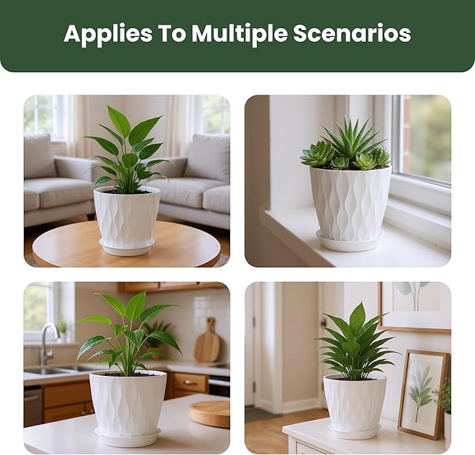 Flower Pots, 7/6.5/6/5.5/5/4.5/4 inch Plastic Plant Pots, 7 Pack Planter for Indoor Outdoor Plants, Nursery Planting Pot with Drainage Holes and Trays (White)