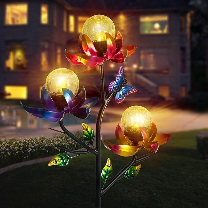 Solar Lights Outdoor Decorative Lotus Flowers Wind Spinner Garden Stake with LED Crackle Balls Solar Wind Sculpture Yard Art Decor for Patio, Lawn & Garden