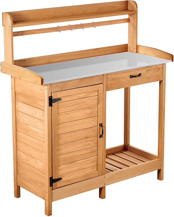 VEVOR Potting Bench Table, 3-in-1 Outdoor Gardening Wooden Workstation with 44 x 19 in Galvanized Iron Tabletop, Garden Work Station with Drawer, Storage Cabinet & Shelves, Hooks for Patio, Backyard