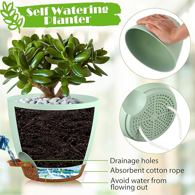 Remerry 15 Pcs 7/6.5/6/ 5.5/5 Inch Self Watering Planters with Drainage Hole Plant Pots Plastic Flower Pots Indoor Plant Pots Self Watering Pots and Saucer Reservoir for Indoor Outdoor Plant Flower