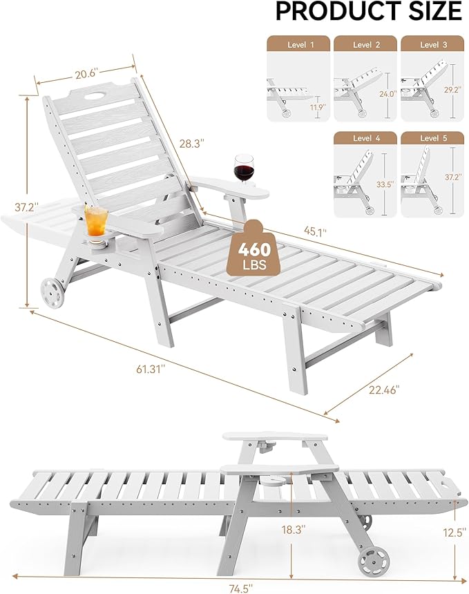 Carauci Lounge Chair Outdoor Set of 2, HDPE Chaise Lounge with Wheels, 5-Position Adjustable Backrest & 2 Cup Holders Patio Lounge Chair, All-Weather Pool Sun Lounger for Poolside, Backyard, White