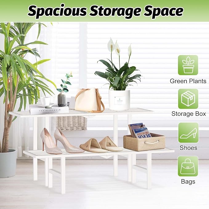 2 Tier Metal Plant Stand Outdoor Indoor, Separated Tiered Outdoor Folding Plant Shelf, Ladder Plant Stands Display Rack for Garden Window, 8.3/15.4'' Tall (White)
