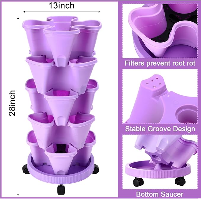 Umigy 2 Set 5 Tier Stackable Planters Vertical Garden Planters for Strawberry Herb Flower and Vegetable Indoor Outdoor Gardening Pots with Removable Wheels and Bottom(Purple)