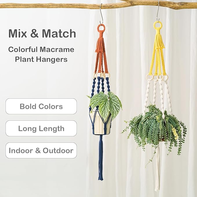 Large Macrame Plant Hangers Indoor & Outdoor (37.4”) Boho Two-Tone Colored Hanging Planters for Indoor Plants, Macrame Wall Hanging Decor for Flower Pots & Baskets (Pots Not Included)