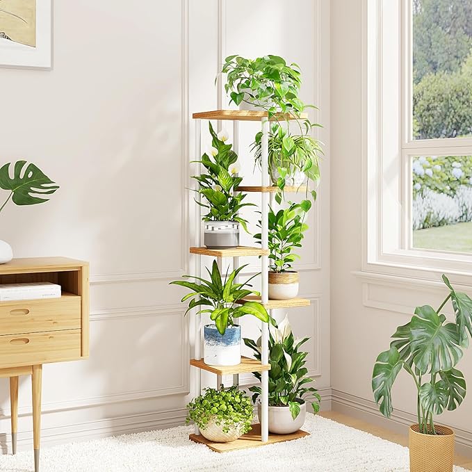 Bamworld Tall Plant Stand Indoor 6 Tier Plant Shelf for Multiple Plants, Tiered Flower Pot Stands for Patio Garden Balcony Living Room Bedroom, White