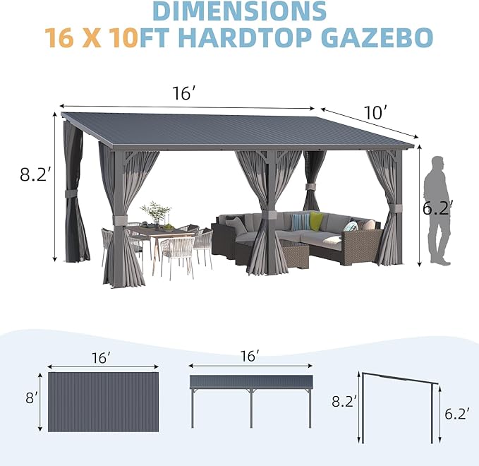 AECOJOY 16'x10' Outdoor Hardtop Gazebo Pergola with Curtains and Netting for Patio, 10x16 Large Steel Heavy Duty Lean to Wall-Mounted Pergolas and Grill Gazebos Clearance, Metal Roof Awnings for Decks