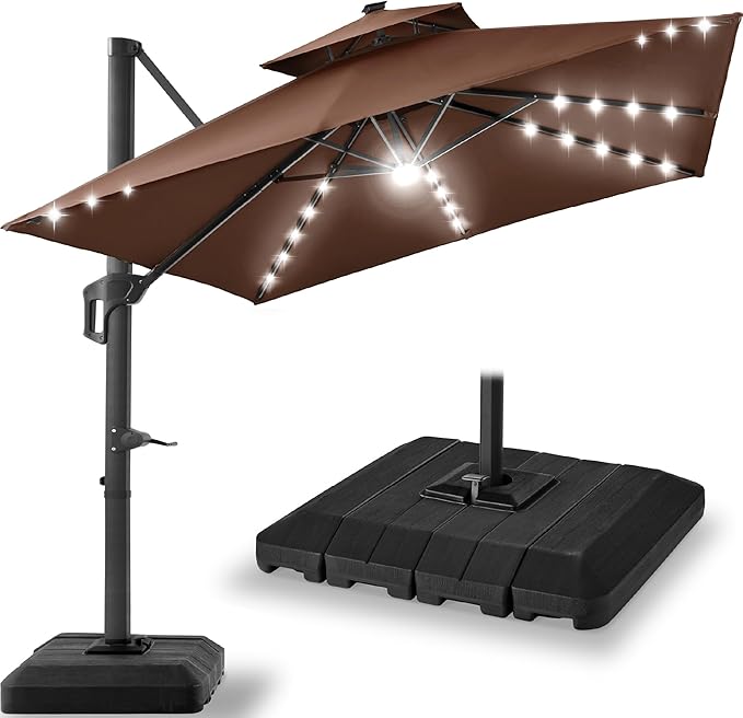Best Choice Products 12x12ft LED Cantilever Patio Umbrella w/Base Included & 360° Rotation, Large Solar Offset Hanging Outdoor Sun Shade for Deck, Backyard Table w/Stand & Lights – Brown