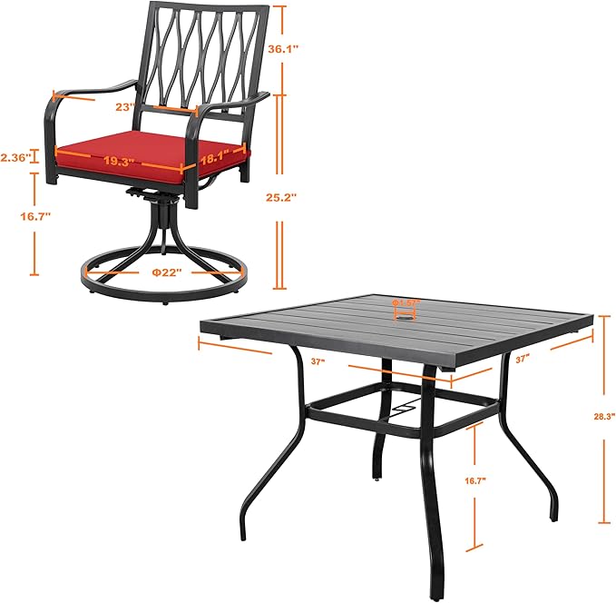 NUU GARDEN 5 Piece Outdoor Dining Set, Outdoor Furniture Set for Square Iron Umbrella Dining Table and 4 Cushioned Swivel Chairs, Black and Red Cushion