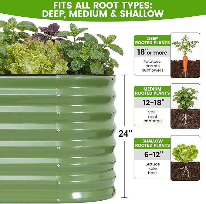 Galvanized Raised Garden Bed Outdoor 24'' Deep | Oval Metal Garden Beds with Easy Assembly & Planter Box for Planting Deep Root Vegetables Fruits Flowers, 4x2x2ft OliveGreen 2Pcs