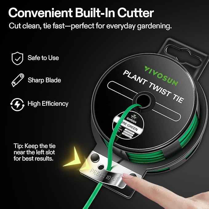 VIVOSUN Twist Ties, 164 ft (50m) PE-Coated Green Plant Ties with Cutter, Reusable & Flexible Tomate Ties for Plant Support, Indoor Outdoor Gardening, Cable Management, Home Office Organization