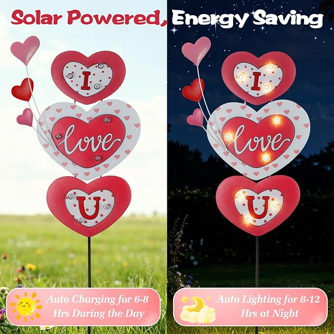 Lewondr 2 Pcs Valentine's Day Decorations Outdoor, Metal Solar Pathway Lights, Love Heart Decorative Garden Stakes Lights with 18 LED Beads, Waterproof Yard Signs for Porch Lawn Wedding Anniversary