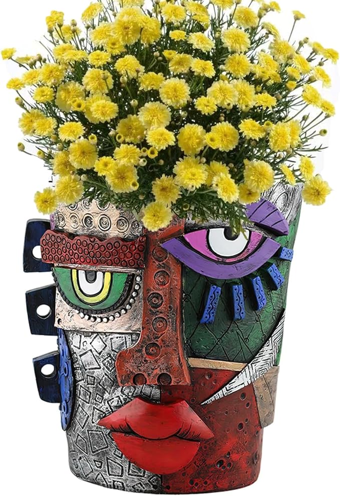 TOZLU Picasso Brutalist Beauty Face Flower Pot - Head Planter with Colorful Face Art - Resin & Flower (Stare Flower Pot)