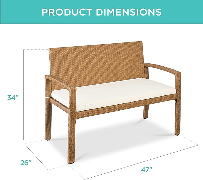Best Choice Products Outdoor Bench 2-Person Wicker Garden Patio Benches Seating Furniture for Backyard, Porch w/Seat Cushion, 700lb Capacity - Ivory/Natural