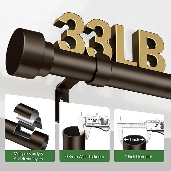 Curtain Rods for Windows 28 to 48, 1 Inch Adjustable Heavy Duty Long Window Outdoor Curtain Rod for Patio, Drapery Rods with Simple End Caps, Size 32"-60", Antique Bronze