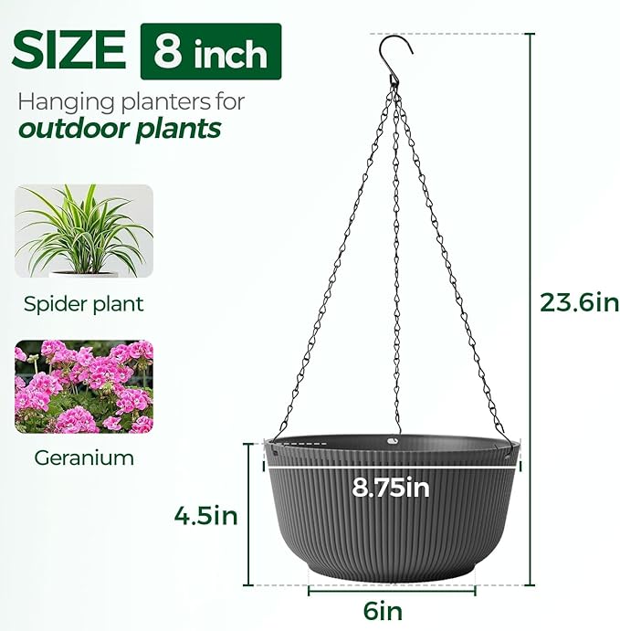 T4U 8 Inch Hanging Planters for Indoor Outdoor Plants, Self Watering Hanging Pot Pack of 2, Hanging Pots with Drainage Hole & Plug & Chain with 3 Hooks for Garden Home Decor, Grey