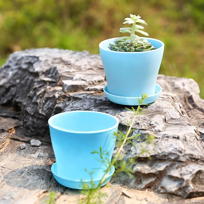 TDHDIKE 10 Pcs Plastic Planters Indoor Flower Plant Pots, Mini Flower Seedlings Nursery Pot/Planter/Flower Pot with Pallet, Modern Decorative Gardening Containers (Blue)