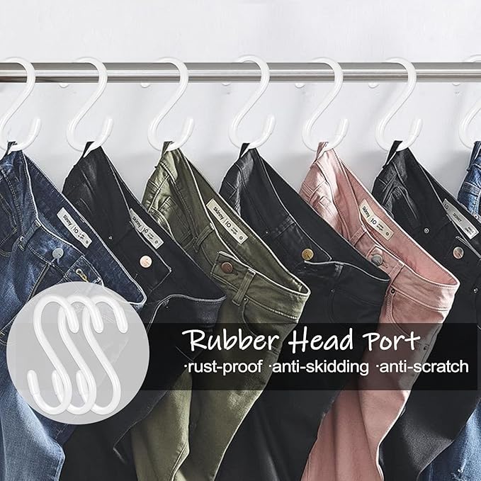 20 Pack Vinyl Coated S Hooks for Hanging,Heavy Duty S Hook for Hanging Plants,Non Slip 3 Inch Closet S Hooks,Steel Metal White Vinyl Coated Small Hook for Jeans Pots and Pans Coffee Cups